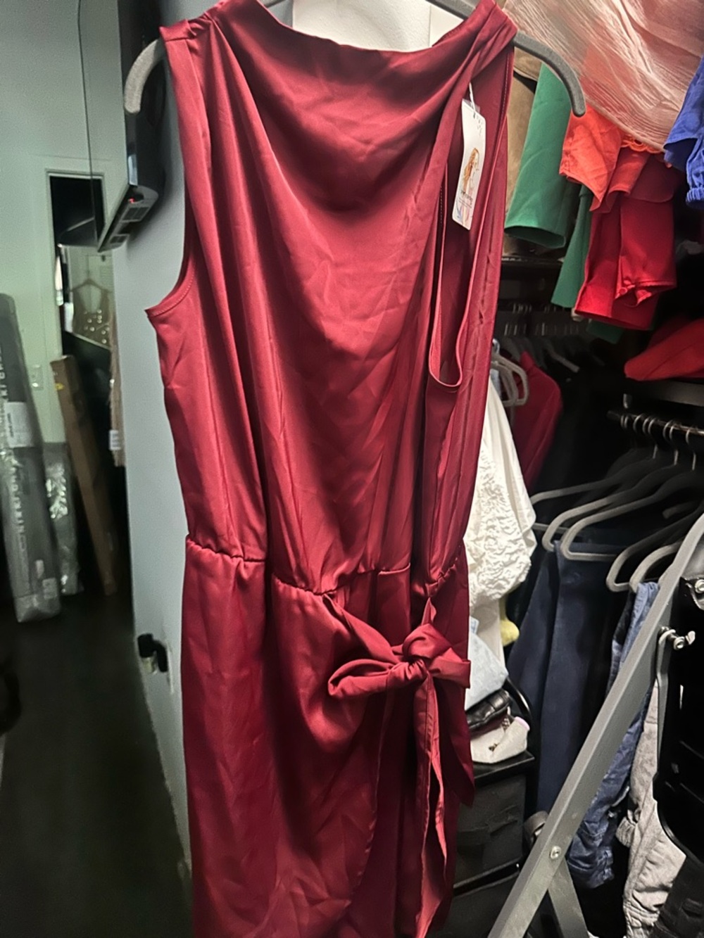 One-Shoulder Satin Midi Dress in Wine